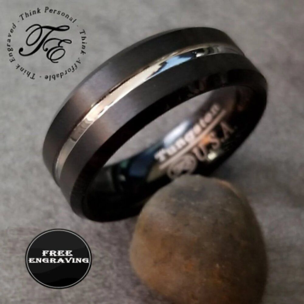 Personalized Engraved Men's Real Black Silver Groove Tungsten Wedding Ring